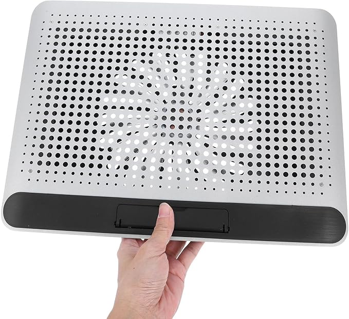 Aluminum Alloy Laptop Cooling Pad with Dual USB Ports Quiet Thin Notebook Cooler Stand for Laptops Up to Ergonomic Angles Skid-Resistant Computer Fan Support Frame in Silver