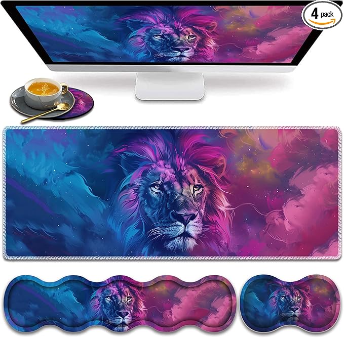 Large Gaming Mouse Pad Keyboard Wrist Rest Pad + Mouse Wrist Pad + Coaster 4 in 1 Set Extended Waterproof Non-Slip Desk Mat Suitable for Office Home Learning Games Blue and Purple Lion
