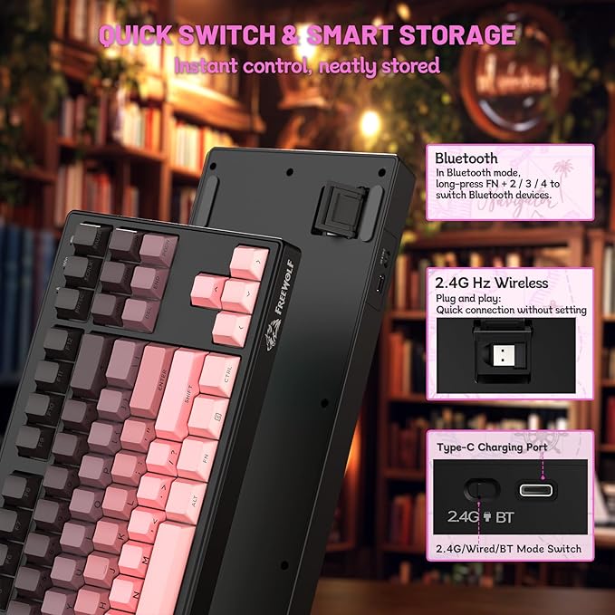 M87V2 Wireless Keyboard Low Profile Quiet Typing Membrane Gaming Keyboard with 80% TKL Layout Side Printed Keys RGB Backlit USB C Rechargeable87 Keys PBT Keycap for Windows PCMacLinux-Blackberry