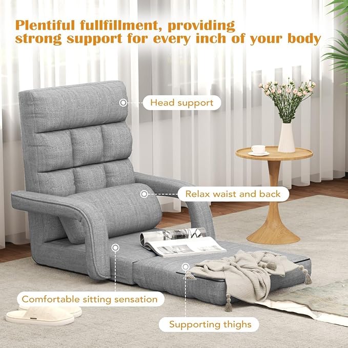 Floor Gaming Chair 6 Position Adjustable Indoor Chaise Lounge for Teens Adults Padded Folding Sofa with Armrests and Pillow Comfy Chair for Meditation Reading Light Grey