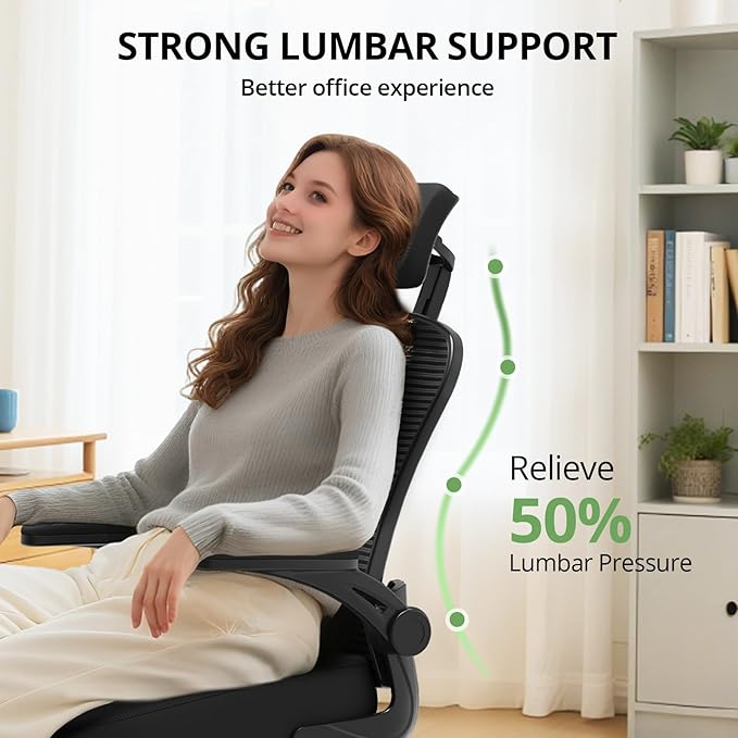 Office Chair Ergonomic Desk Chair 330LBS Capacity High Back Computer Chair for Long Hours Comfortable Rolling Swivel Executive Task Chair for Home Office with Flip-up Armrests Black