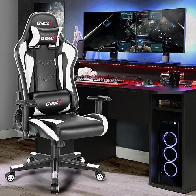 GYMAX Computer Gaming Chair Racing Style Office Chair with Adjustable Lumbar Support Headrest 360° Swivel Height Adjustable Ergonomic Reclining Gaming Chair for Home Office Leisure Room (White)