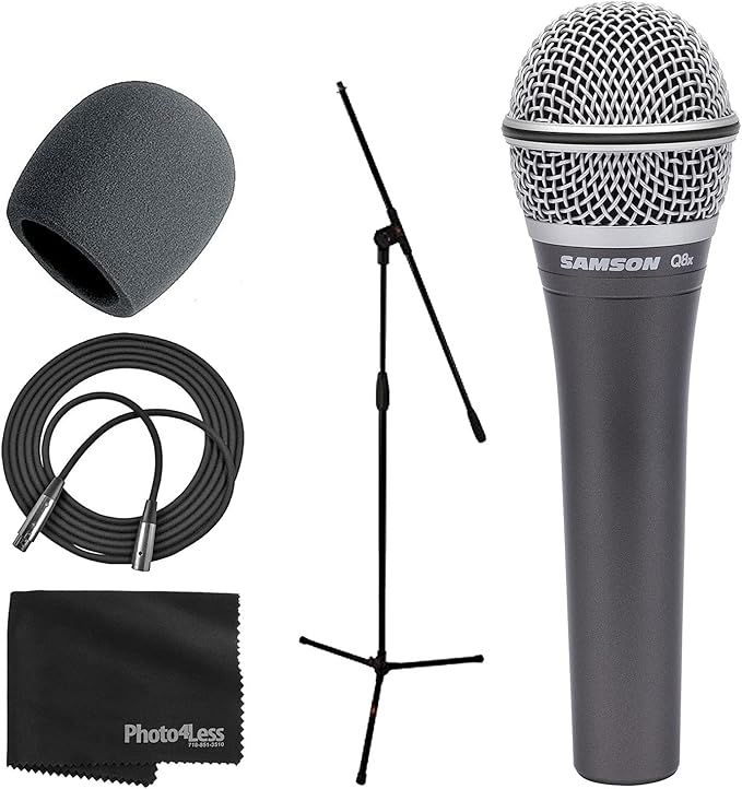 SAMSON Q8x Dynamic Supercardiod Handheld Microphone Foam Windscreen Tripod Base Mic Stand Mic Cable Cloth