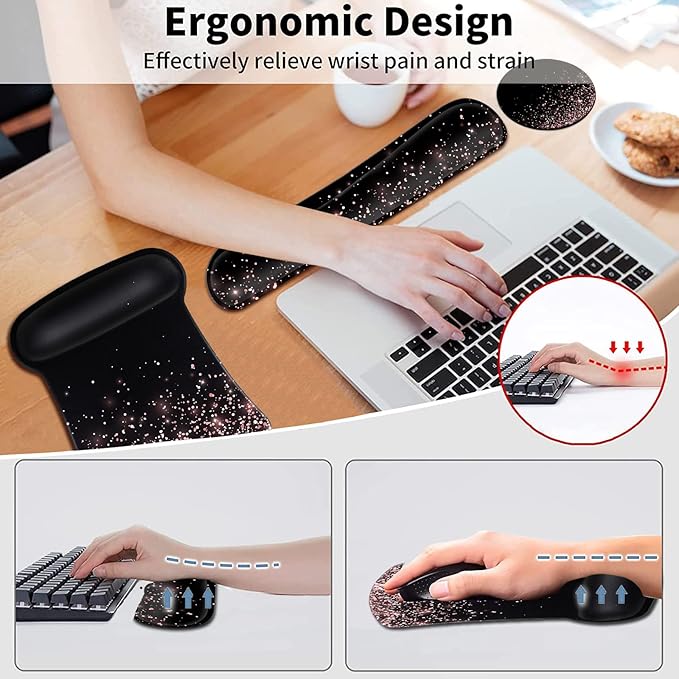 Ergonomic Gel Mouse Pad with Wrist Support Memory Foam Keyboard Wrist Rest Non-Slip PU Base for Home Office Working Studying Easy Typing &amp Pain Relief Rose Gold Glitter Black Mousepad