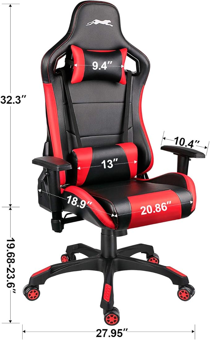 Leopard Gaming Chair High Back PU Leather Office Chair Adjustable Video Gaming Chairs Swivel Racing Chair with Adjustable Armrest (Black/Red)