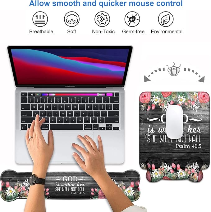 Wrist Rest Support Ergonomic Gel Mouse Pad &amp Memory Foam Keyboard Set Non-Slip Rubber PU Base for Home Office Working Studying Easy Typing &amp Pain Relief - Floral Quote Bible Verses Psalm 46:5