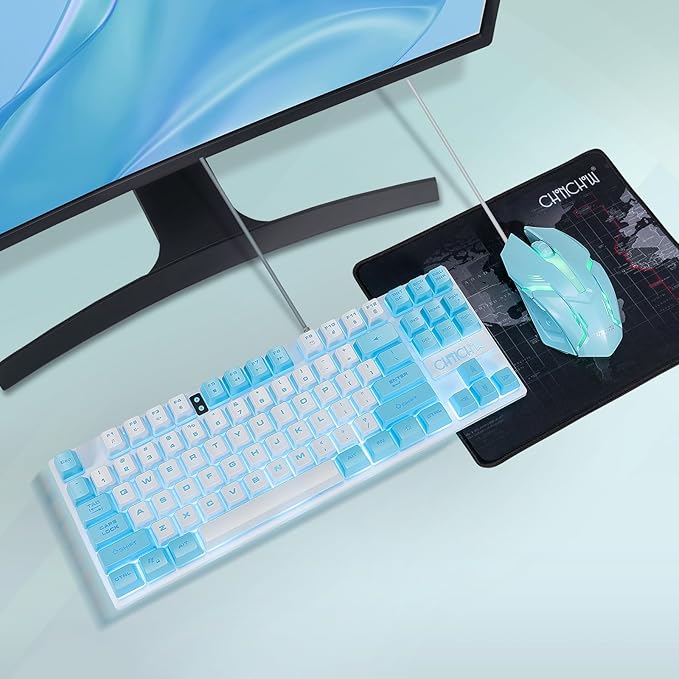 CHONCHOW Blue Keyboard and Mouse Combo 87 Keys TKL USB Wired LED Light Up Backlit Keyboard 800-3200 DPI RGB Mouse Blue Mouse and Keyboard Combo for PS4 PS5 PC Laptop Mac Computers