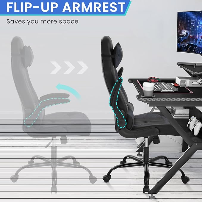 Gaming Chair PU Leather Computer Chair with Flip-up Armrest and Lumbar Support Ergonomic High Back Home Office Chair Comfy Video Game Chair for Home Bedroom Grey