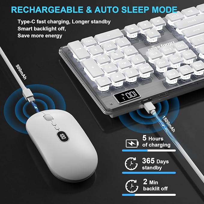 BlueFinger Wireless Gaming Keyboard and Mouse Combo Upgrade Battery Percentage Display Rechargeable Slim Gaming Keyboard Mouse Set Light Up Full-Size Keyboard Silent Mouse Set for Computer Laptop