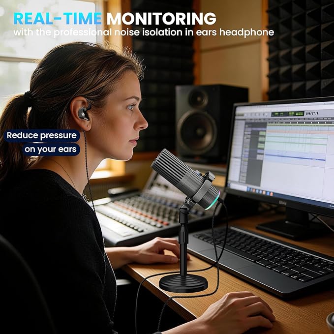 BASN USB/XLR SL2000 Dynamic Microphone and Bsinger 2nd Generation Dual Dynamic Drivers in Ear Monitor Headphones Set for Podcast Live Streaming Gaming Recording