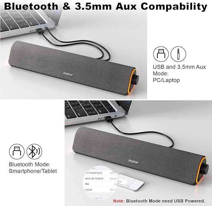 SOULION R50 Bluetooth Computer Speakers 3.5mm PC Sound Bar for Desktop Monitor Wired USB Powered &amp Colorful LED Lights with Switch Button Surround Sound Soundbar PC Spearkers for Computer