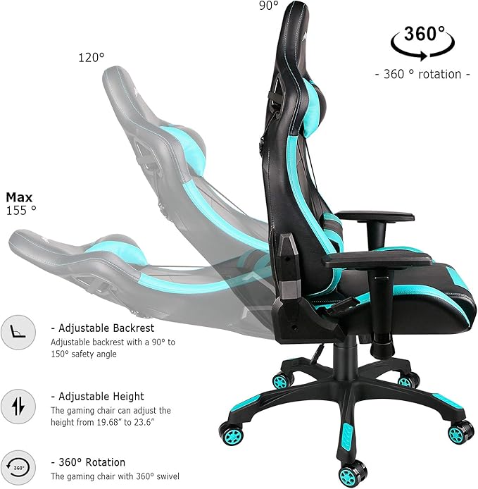 Leopard Gaming Chair High Back PU Leather Office Chair Adjustable Video Gaming Chairs Swivel Racing Chair with Adjustable Armrest (Black/Light Blue)