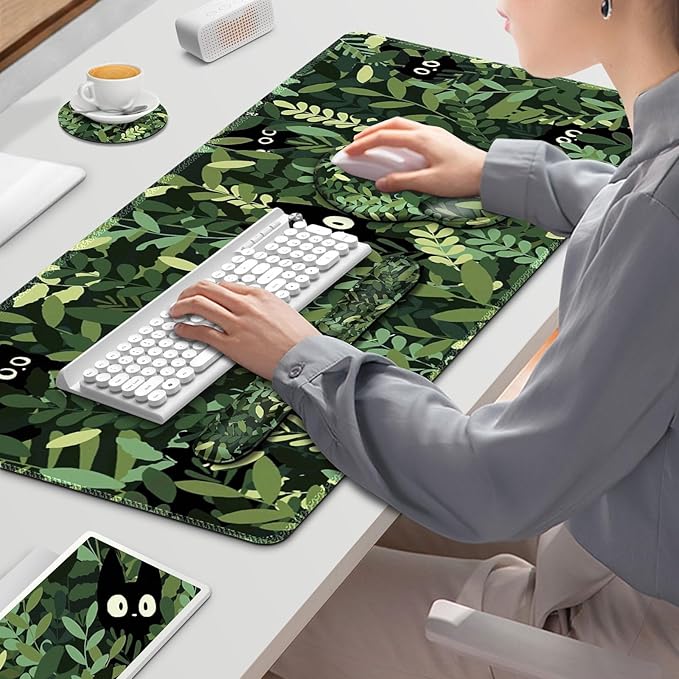 Large Desk Mat Cute Anime Cats Gaming Mouse Pad Desk Pad Protector XXL Mousepad + Keyboard Wrist Rest+Mouse Wrist Rest+Coaster Set with Ergonomic Desk Pad for Home Office PC Computer Green Leaves
