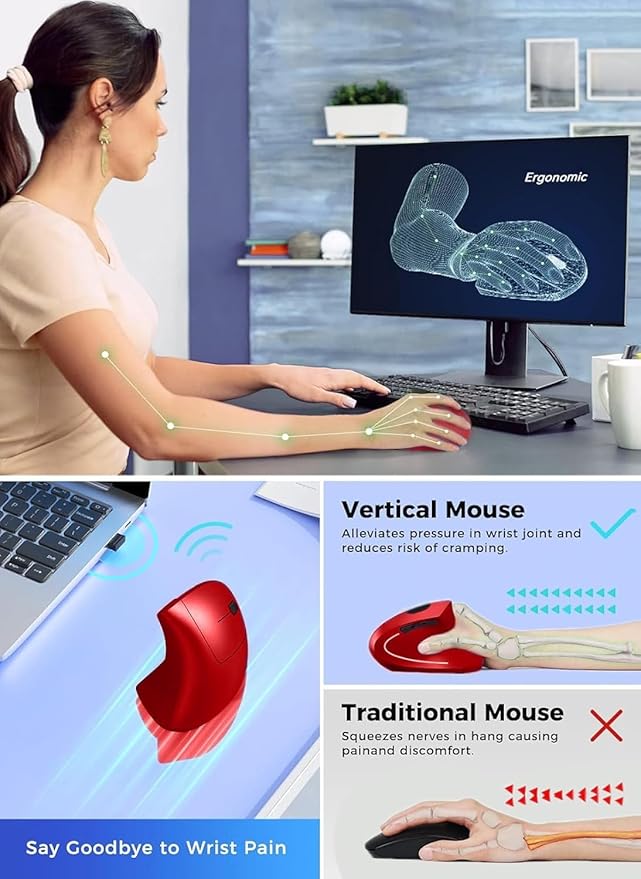 Ergonomic Mouse Vertical Wireless Mouse 2.4G Rechargeable Optical Vertical Mouse High Precision Optical Mouse Adjustable800/1200/1600 DPI 6 Buttons for Laptop etc RedSpecially for Right-handers