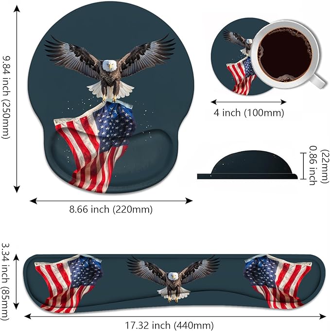 Keyboard Wrist Rest and Mouse Pad Wrist Rest Support Set with Coasters Non-Slip PU Base for Gaming and Office Comfortable &amp Lightweight for Easy Typing &amp Pain Relief American Flag Patriotic