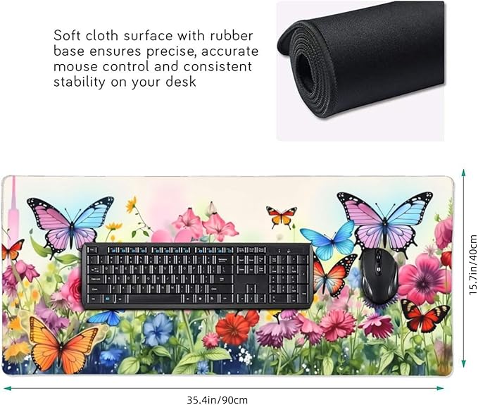 Butterfly Floral Garden Mouse PadDesk MatLarge Waterproof Non-Slip Rubber Mousepad with Stitched Edges Office Home Computer Desk Accessories35.4X15.7