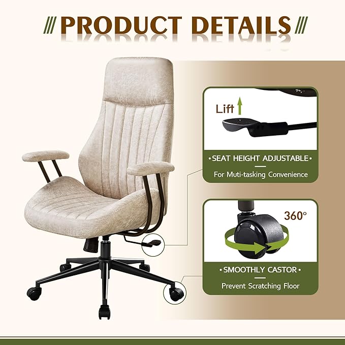 High Back Office ChairModern Swivel Office ChairBrown Suede Fabric Gaming ChairHeight Adjustable Home Office Desk Chair with Lumbar Support