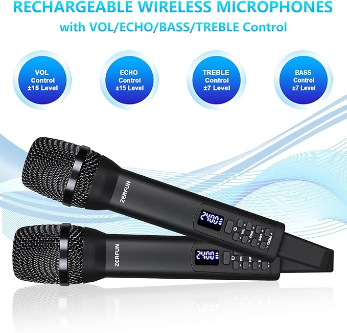 Rechargeable Wireless Microphones 4 Pro Handheld Cordless Mics System Dynamic with Echo Treble BASS VOL Control for Karaoke Singing Church Party 1/4'' Output D240 Black
