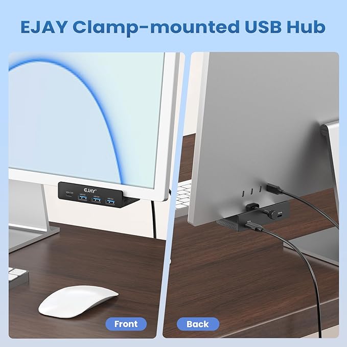 EJAY Mountable 4Ports USB3.0 HUB Alu Desktop Clamp Type C USB3.0 Splitter for Desk/Monitors with Extra Power Supply Port59inches Data &amp 39inches Power Cables-5Gbps(3A1C) (JK-3A1C-BK)