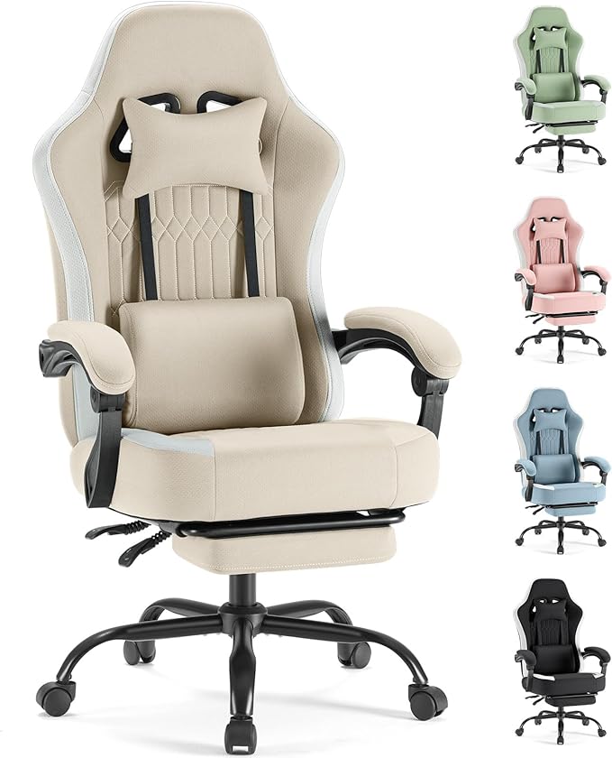 Sweetcrispy Computer Gaming Chair - High Back Ergonomic Desk Chair with Footrest and Lumbar Support Height Adjustable Task Chair with Linkage Armrests and Headrest 360°Wheels Fabric Khaki