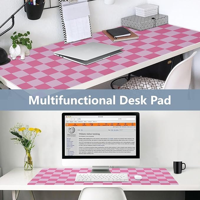 Mouse Pad Desk Mat Leather Desk Pad Large Gaming Desk Cover Protector Mat for Keyboard Computer Laptop Office Waterproof 47.2 x 23.6 Inch Checkered Pink