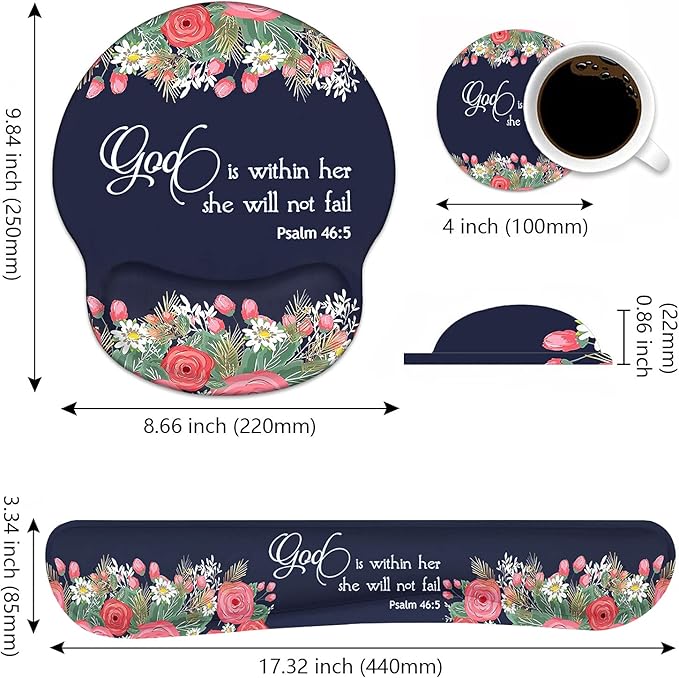 Keyboard Wrist Rest and Mouse Pad Wrist Rest Support Set Non-Slip PU Base for Gaming and Office Comfortable &amp Lightweight for Easy Typing &amp Pain Relief Floral Quote Bible Verses Psalm 46:5