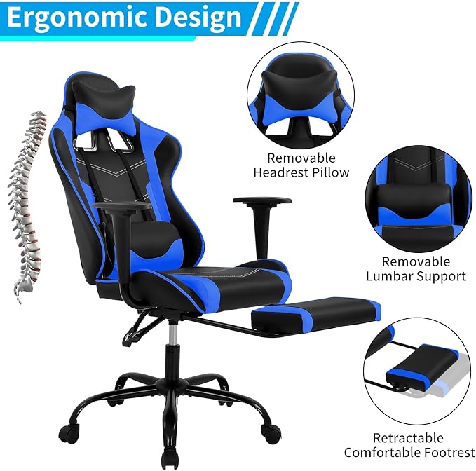 BLKMTY Gaming Chair with Footrest Ergonomic Office Racing Computer Chair with PU Leather High Back Lumbar Support Headrest Adjustable Height Reclining Chairs Blue