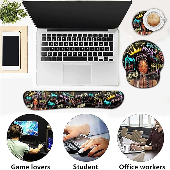 Ergonomic Gaming Mouse Pad Wrist Support and Memory Foam Keyboard Wrist Rest with Anti-Slip Base for Home Office Computer Desk Pad Gel Black Mouse Pad African American Black Women Graffiti Girl