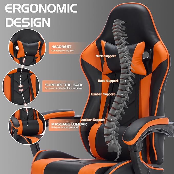 Versatile Gaming Chair with Footrest - Ergonomic Black Orange Leather Model Featuring Headrest &amp Lumbar Support Breathable and Height Adjustable for Ultimate Comfort in Gaming