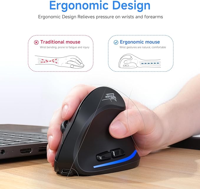 ECHTPower Ergonomic Wireless Mouse Bluetooth Vertical Mouse with LED Light Control Up to 3 Devices (BT5.0+BT5.0+2.4GHz) Adjustable DPI 2400/1600/1000 for PC Laptop Mac Windows