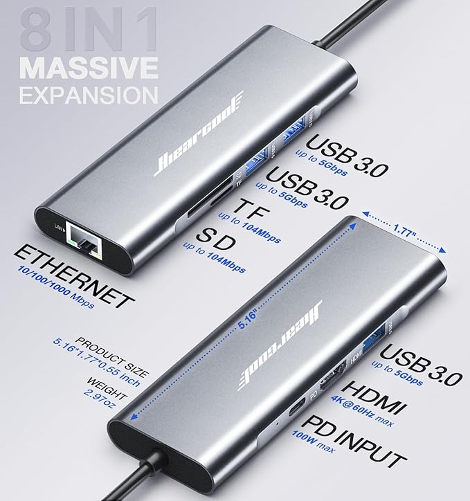 Hiearcool USB C Hub Ethernet 8-in-1 4K@60Hz USB-C to HDMI Multiport Adapter with 1Gbps RJ45 100W PD 3 USB 3.0 SD/TF Compatible for MacBook Pro/Air Dell Lenovo Laptops