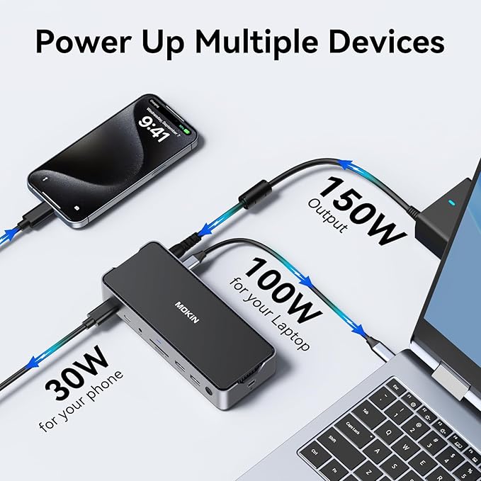 USB C Docking Station 3 Monitors Laptop USB C Dock Dual Monitor with 2 HDMI DisplayPort 4K144HzUSB A 2.0/3.0USBC 3.1 10Gbps&amp30W OutputEthernetmicroSD&ampSDAudio&ampMic150W DC Power for Del
