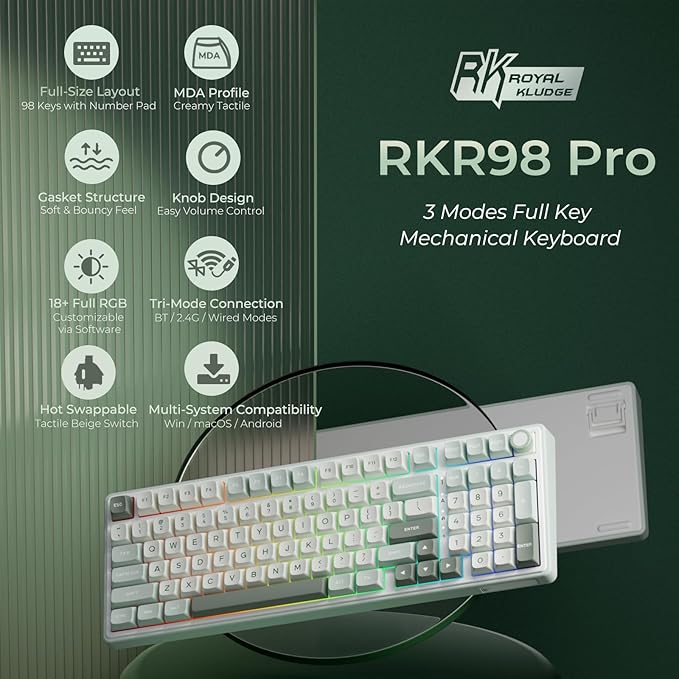 RK ROYAL KLUDGE R98 Pro Wireless Mechanical Keyboard Creamy Bluetooth/2.4GHz/Wired RGB Gaming Keyboard with Number Pad and Knob MDA Profile PBT Keycaps Gasket Hot Swappable Tactile Switch Cyan