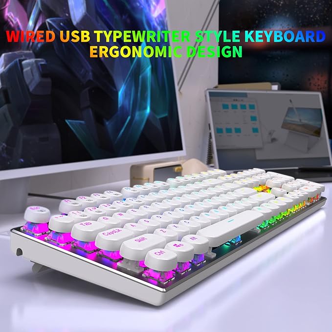 HUO JI E-Yooso Z-88 Wired Typewriter Style Mechanical Gaming Keyboard Programmable RGB Backlit Blue Switches - Clicky USB-C Cable Metal Panel 104 Double-Shot Keycaps for PC White