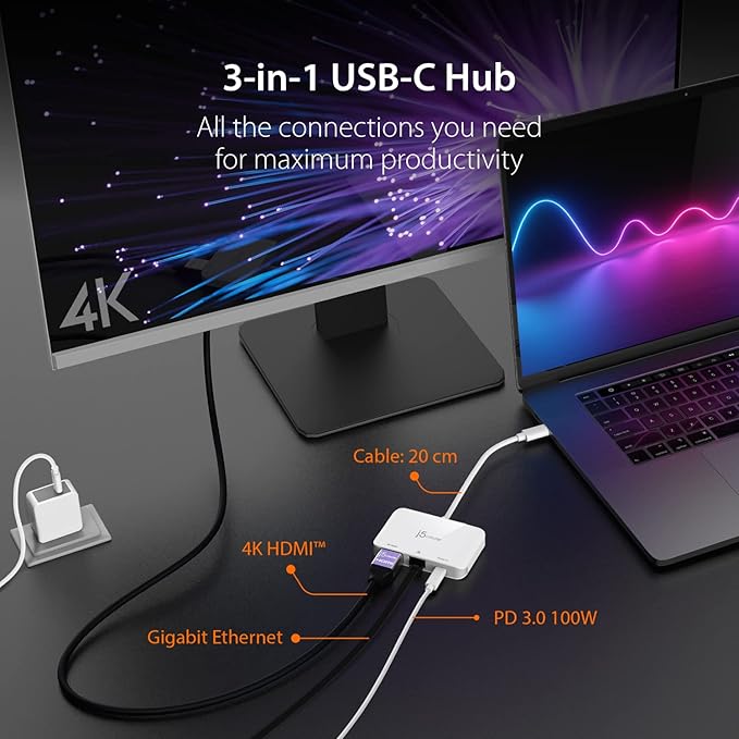 j5create USB Type C to 4K HDMI and Gigabit Ethernet with PD 100W Pass-Through Charging for MacBook Pro MacBook Air Chromebook Surface Pro iPad Pro or USB-C Laptop (JCA351)