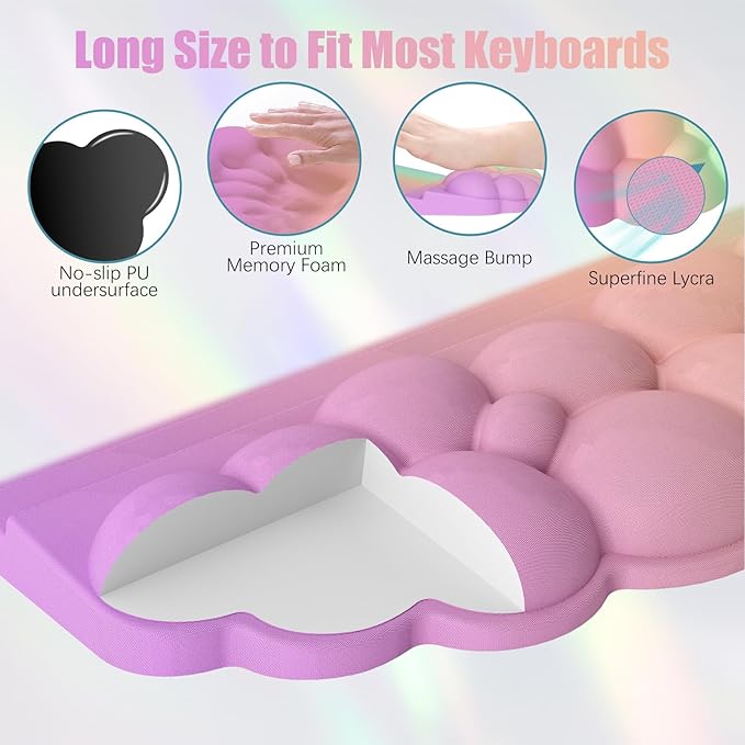 Ergonomic Wrist Rest for Keyboard Soft Memory Foam Cloud Keyboard Stand Pad with Wrist Rest Set with Non-Slip Silicone Base Easy Typing Pain Relief Comfort for Computer Laptop Mac - Rainbow