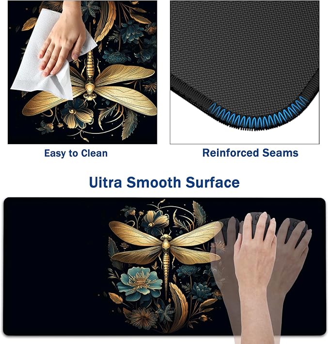 Large Mouse Pad + Keyboard Wrist Rest Set Extended Gaming Mousepad (31.5X11.8 inch) with Non-Slip Rubber Ergonomics Memory Foam Mouse Wrist Rest Support Golden Dragonfly and Flowers XXL Desk Pad