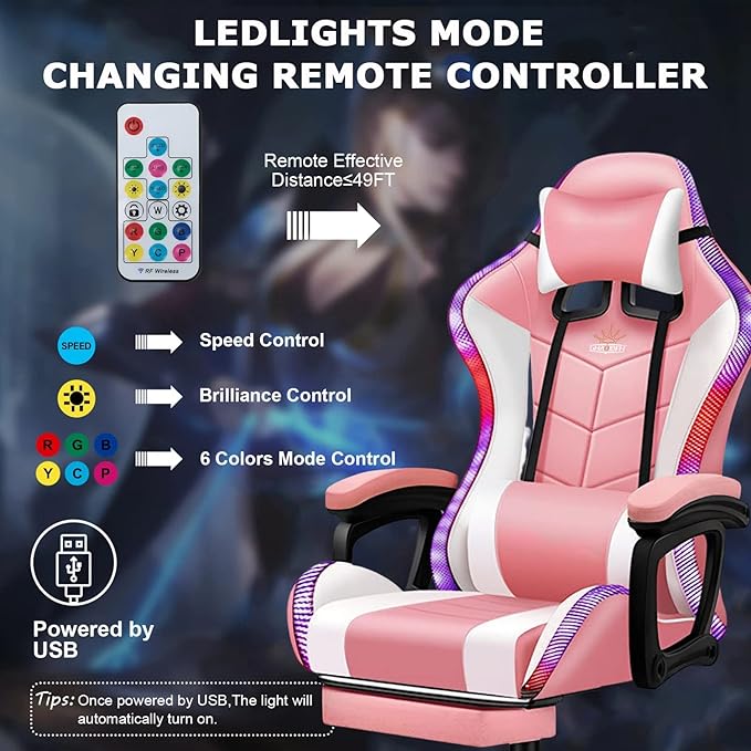 RGB Computer Chair with Footrest Full Massage Gaming Chair with Speakers Video Game Chair with Lumbar Support Headrest PU Leather 360°Swivel Recliner Chair High Back Office Chair for GamingPink