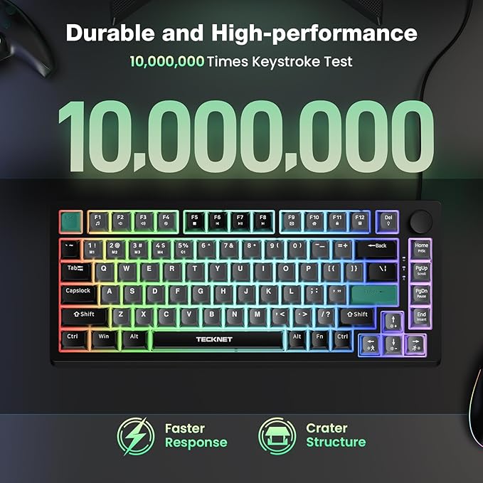 TECKNET Gaming Keyboard 75% Wired Keyboard RGB Backlit 82-Keys with Volume Knob Control 26 Keys Anti-ghosting Whisper Quiet Gaming Switch Travel Friendly for Windows Laptop PC Mac-Grey