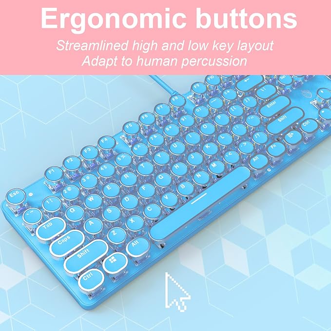 Typewriter Style Mechanical Gaming Keyboard RGB Backlit Wired with Blue Switch Retro Round Keycap 104 Keys Keyboard (Blue 104 Keys LED)