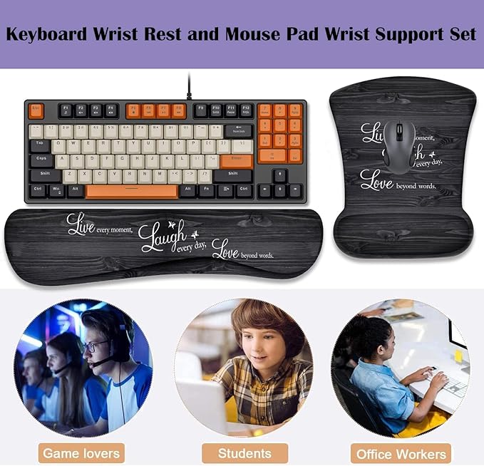 Keyboard Wrist Rest Pad and Ergonomic Mouse Pad Wrist Rest (with Coaster) Set Non-Slip Base &amp with Memory Foam for Easy Typing and Wrist Pain Relief - Quote Live Love Laugh