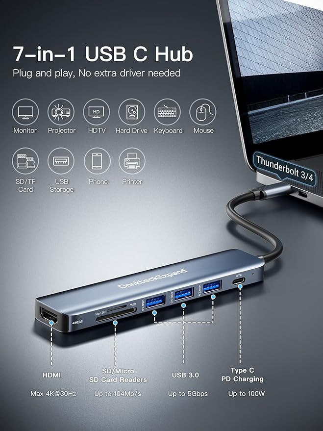 USB C Hub DockteckExpand 7 in 1 USB-C Multiport Adapter with 4K HDMI 100W Power Delivery 3 USB 3.0 Ports SD/TF Card Reader for MacBook Pro/Air iMac iPad Pro Surface Pro 7/8 XPS HP and More