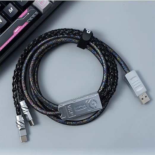 2-IN-1 USB C Dual 8K Mechanical Keyboard Magnetic Axis Cable  6mm Thick Braided RGB Flash Cable No Interruption Metal Plug for Mechanical Keyboards/Mice/Hubs USB-C to USB-A1.5Meter (Black)