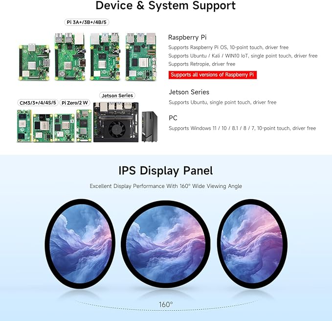 waveshare 7inch HDMI Round Capacitive Touch Display 1080 × 1080 Resolution IPS Display Panel 10-Point Touch Optical Bonding Toughened Glass Panel