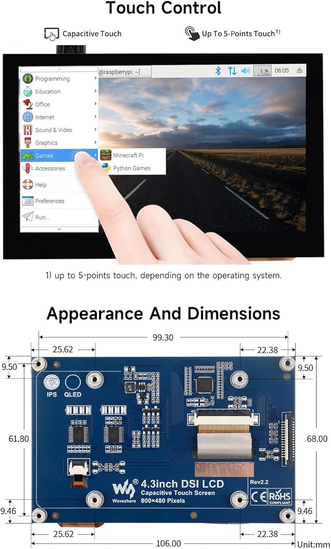 waveshare 4.3inch Capacitive Touch Display Compatible with Raspberry Pi 5/4B/3B+/3A+/3B/2B/B+/A+/CM3/3+/4 800×480 Resolution IPS Wide Angle MIPI DSI Interface