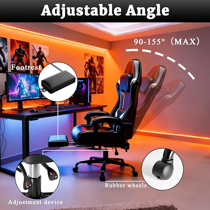 Ergonomic Gaming Chair Video Game Chair with Pocket Spring Cushion and Footrest Height Adjustable Computer Chair with Swivel Seat and Headrest (White)