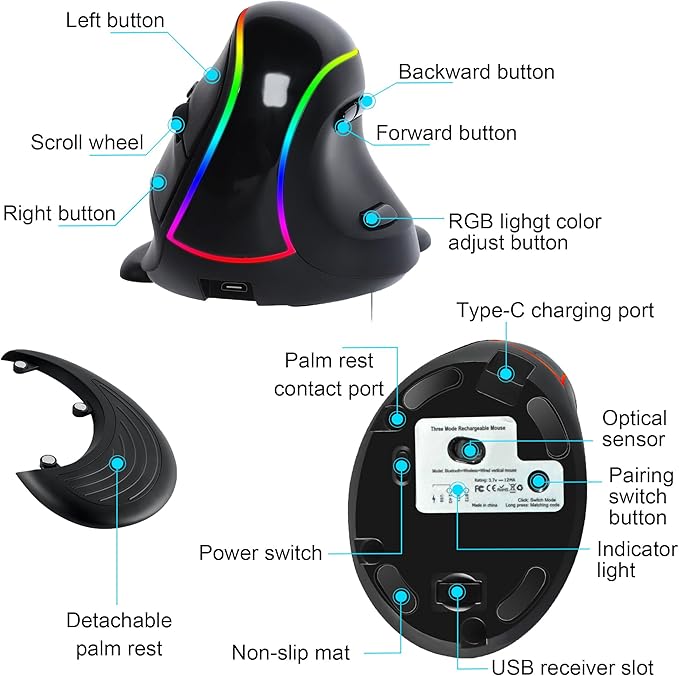 RGB Vertical Mouse 2.4G Wireless Bluetooth Wired Tri-Mode Ergonomic Mouse with Removable Palm Rest Portable Rechargeable Optical Mouse with LED Light for Laptop PC Desktop Notebook Tablet Adult Gifts