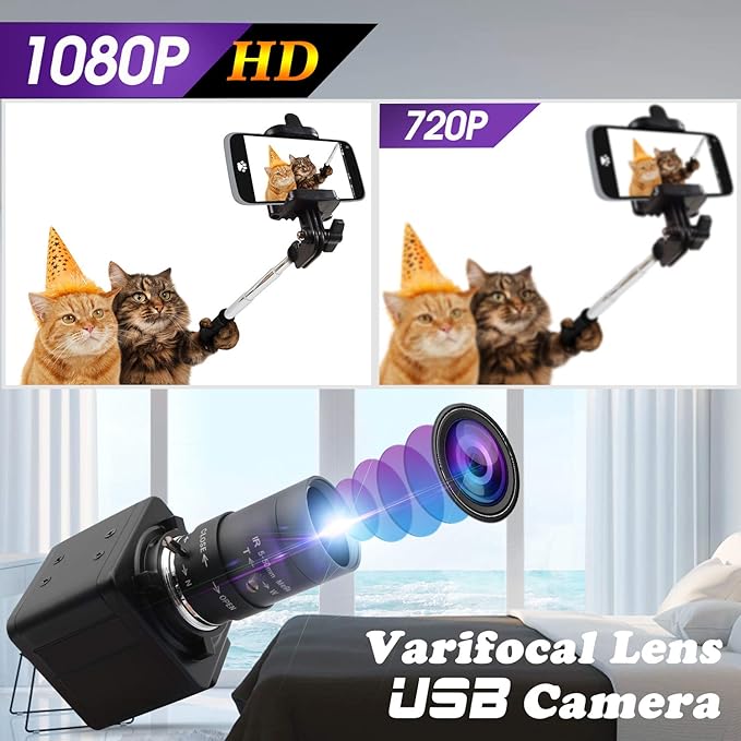 1080P Webcam 5-50mm Varifocal Lens USB Camera HD 2MP 0.01Lux Low Illumination IMX322/IMX323 Sensor Industrial Camera H.264 Webcamera PC Webcam for Raspberry PI Windows Android Linux MAC