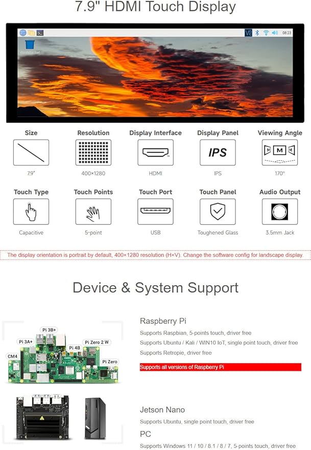 waveshare 7.9inch Capacitive Touch Screen LCD Compatible with Raspberry Pi 5/4B/3B+/3A+/2B/B+/A+/Zero/Zero W/WH/Zero 2W CM3+/4 400×1280 Resolution HDMI IPS Supports Jetson Nano/Windows
