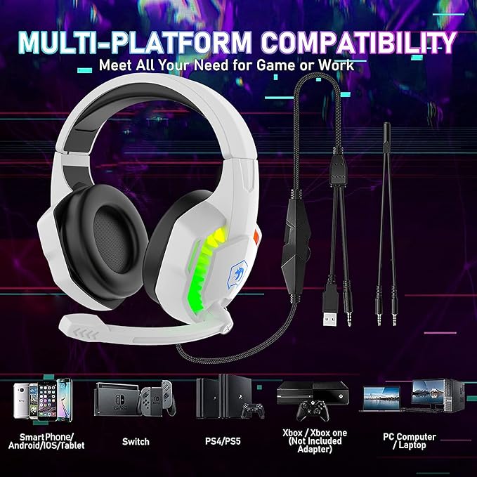 Wired Gaming Keyboard and Mouse Headset ComboRainbow LED Backlit Wired KeyboardOver Ear Headphone with MicRainbow Backlit Gaming MiceMouse Padfor PCLaptopMacPS4Xbox(White)